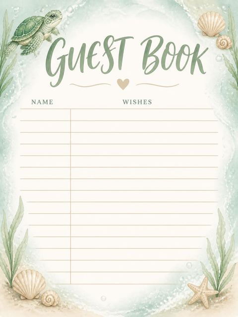 Guest sign-in sheet in the Sage Watercolor Sea Turtle 1st Birthday design