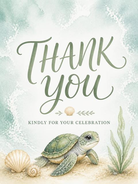 Thank-you flat in the Sage Watercolor Sea Turtle 1st Birthday design