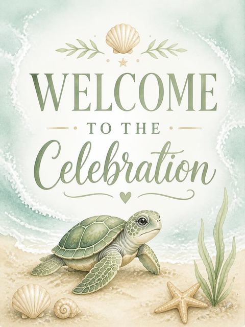 Welcome sign in the Sage Watercolor Sea Turtle 1st Birthday design
