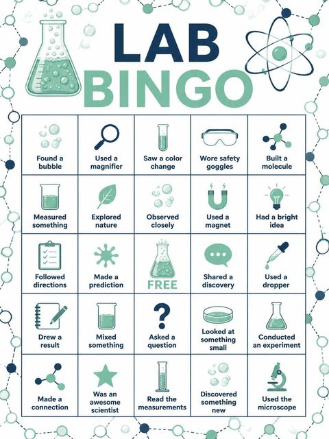Bingo grid in the Mint Beaker Science 7th Birthday Invitation design
