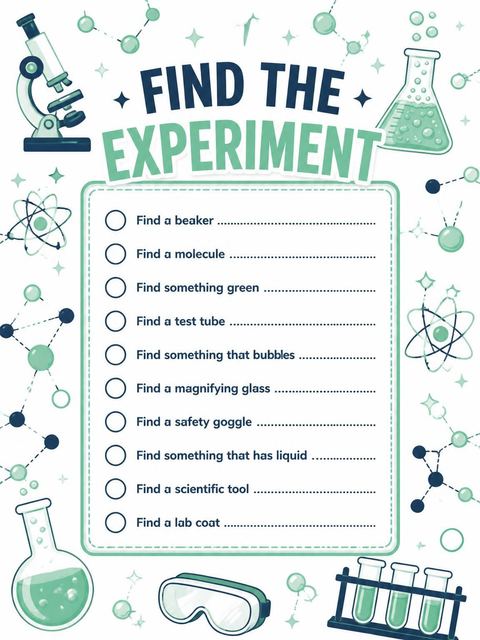 Scavenger hunt in the Mint Beaker Science 7th Birthday Invitation design
