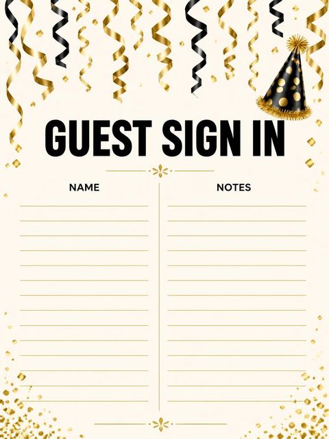 Guest sign-in sheet in the Black and Gold Streamer 90th Birthday design