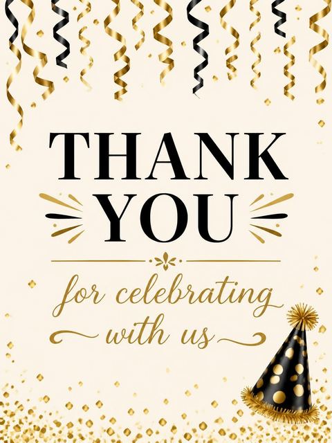 Thank-you flat in the Black and Gold Streamer 90th Birthday design