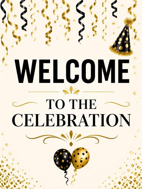 Welcome sign in the Black and Gold Streamer 90th Birthday design