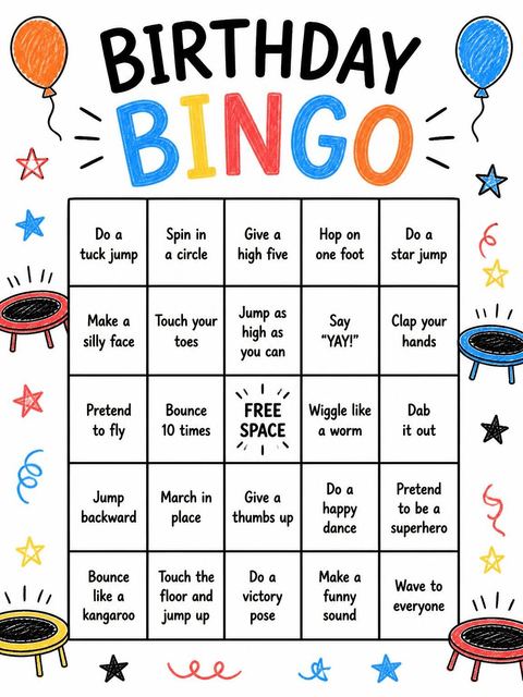 Bingo grid in the Crayon Trampoline Sketch 6th Birthday Invitation design