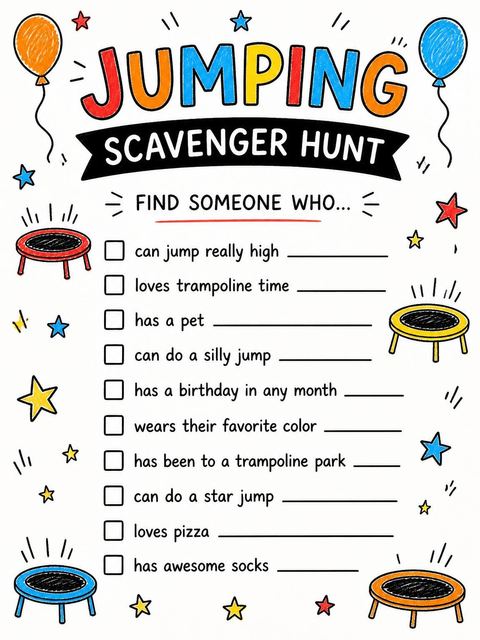 Scavenger hunt in the Crayon Trampoline Sketch 6th Birthday Invitation design