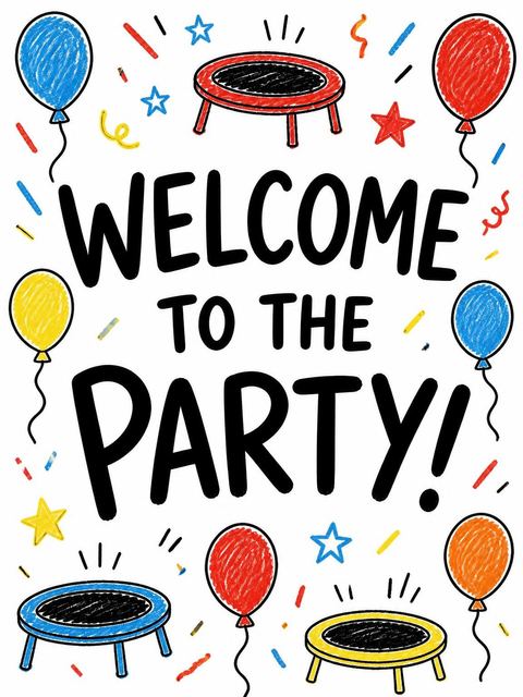 Welcome sign in the Crayon Trampoline Sketch 6th Birthday Invitation design