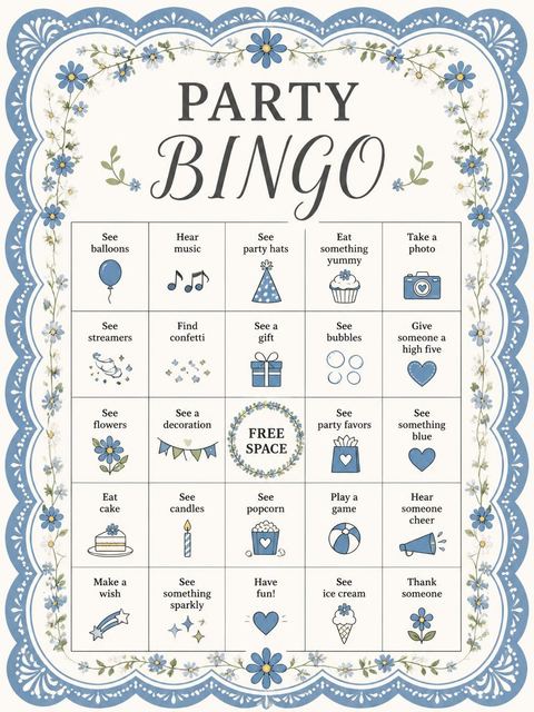 Bingo grid in the Vintage Blue 5th Birthday Invitation design