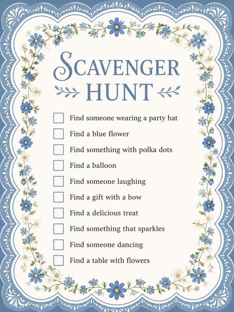 Scavenger hunt in the Vintage Blue 5th Birthday Invitation design