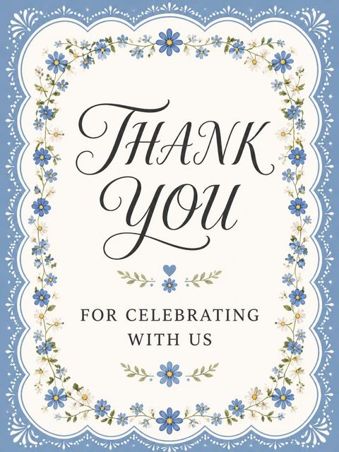 Thank-you flat in the Vintage Blue 5th Birthday Invitation design