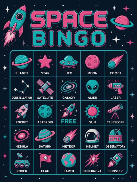 Bingo grid in the Cosmic Rocket First Birthday Party design