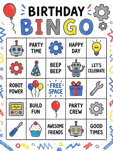 Bingo grid in the Crayon Robot Gear 7th Birthday design