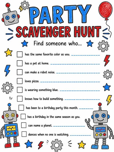 Scavenger hunt in the Crayon Robot Gear 7th Birthday design