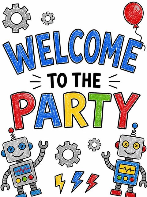 Welcome sign in the Crayon Robot Gear 7th Birthday design