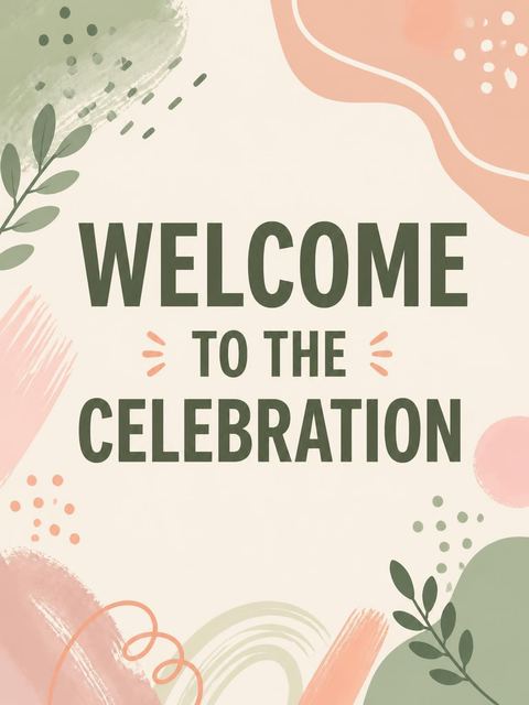 Welcome sign in the Sage and Peach Abstract 55th Birthday design