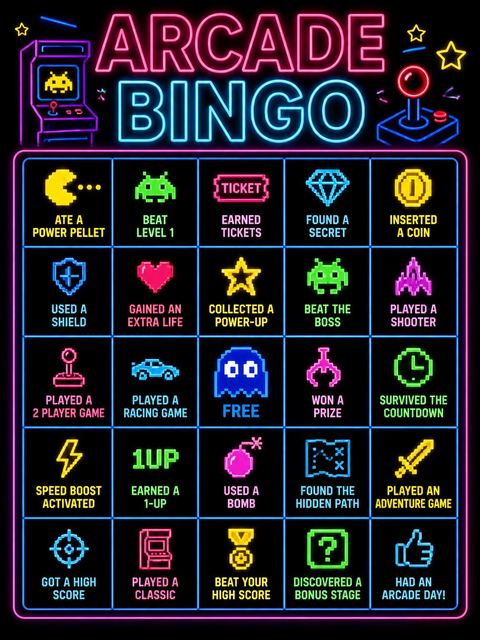 Bingo grid in the Neon Retro Arcade 8th Birthday design
