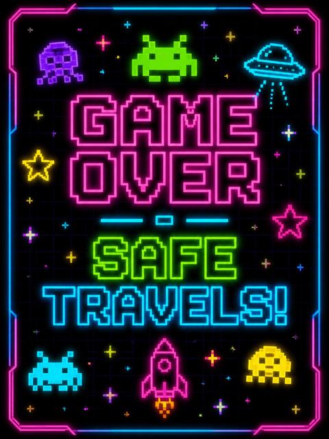 Goodbye card in the Neon Retro Arcade 8th Birthday design