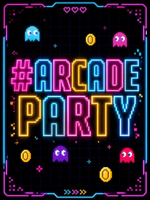 Hashtag card in the Neon Retro Arcade 8th Birthday design