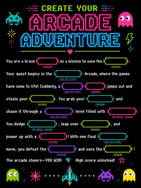 Mad libs in the Neon Retro Arcade 8th Birthday design