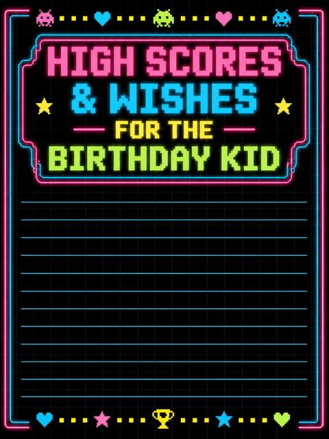 Wishes page in the Neon Retro Arcade 8th Birthday design