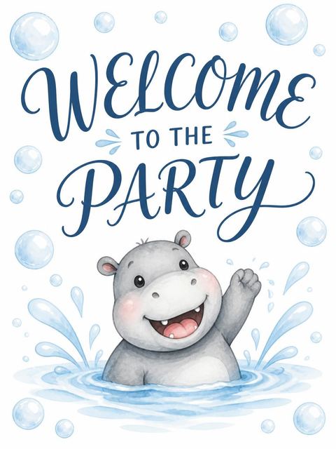 Welcome sign in the Blue Watercolor Hippo 1st Birthday design