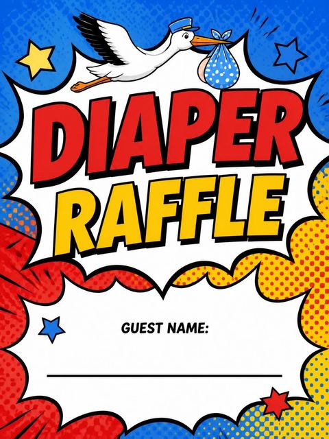 Diaper raffle ticket in the Red Yellow Pop Art Stork Baby Shower design