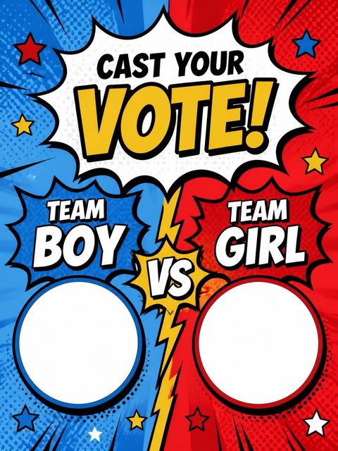 Team boy / team girl ballot in the Red Yellow Pop Art Stork Baby Shower design