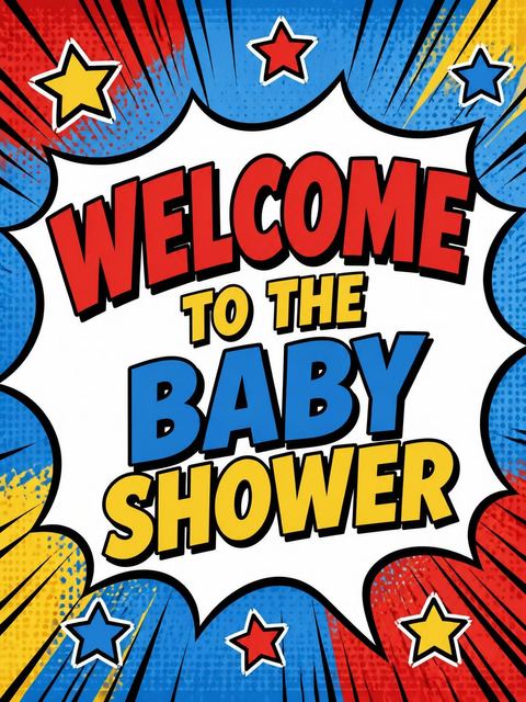 Welcome sign in the Red Yellow Pop Art Stork Baby Shower design