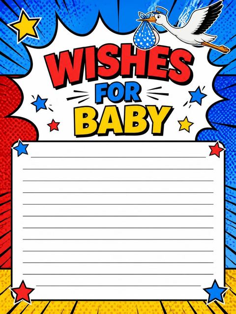 Wishes page in the Red Yellow Pop Art Stork Baby Shower design