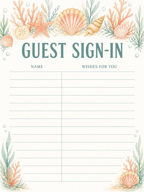 Guest sign-in sheet in the Watercolor Mermaid Coral 5th Birthday design