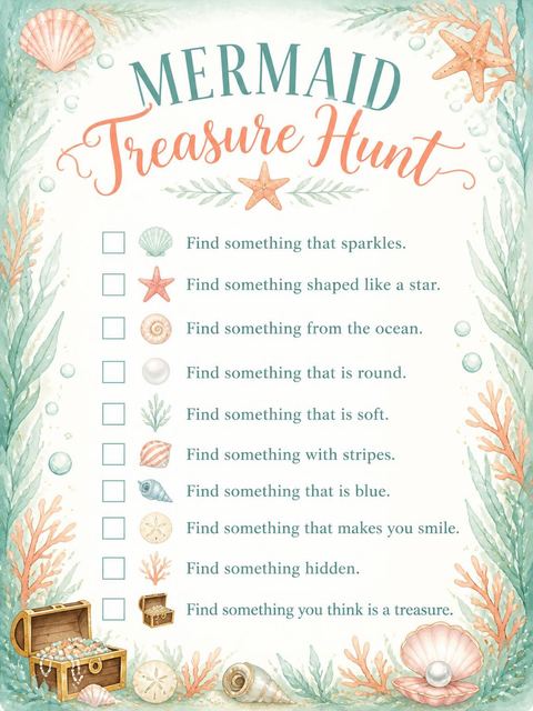 Scavenger hunt in the Watercolor Mermaid Coral 5th Birthday design