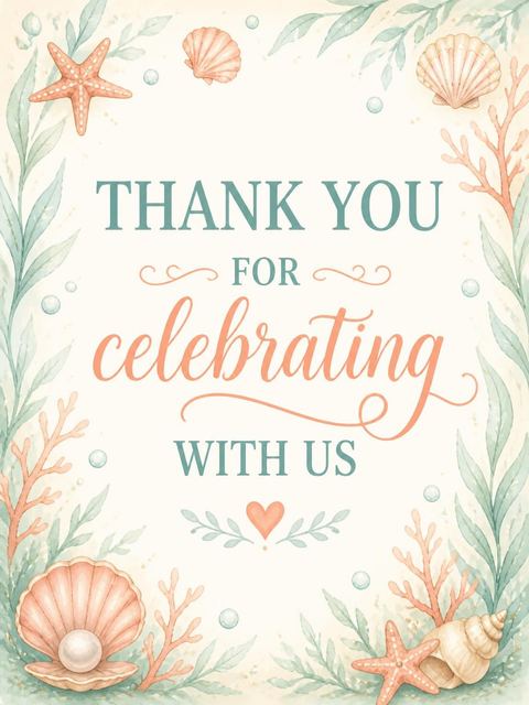 Thank-you flat in the Watercolor Mermaid Coral 5th Birthday design