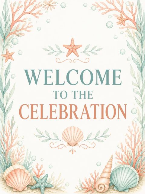Welcome sign in the Watercolor Mermaid Coral 5th Birthday design