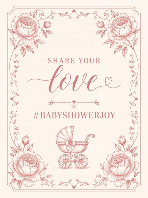 Hashtag card in the Rosy Vintage Stroller Baby Shower design