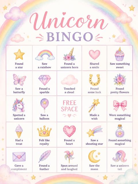 Bingo grid in the Watercolor Pastel Unicorn 2nd Birthday design