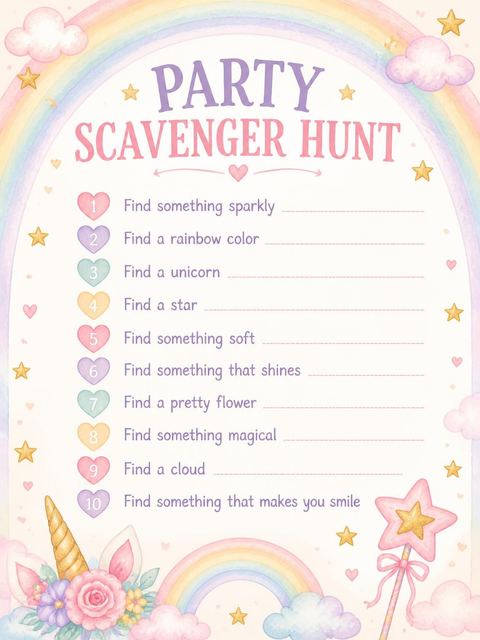 Scavenger hunt in the Watercolor Pastel Unicorn 2nd Birthday design