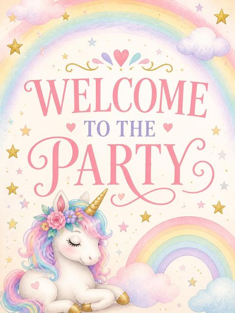 Welcome sign in the Watercolor Pastel Unicorn 2nd Birthday design
