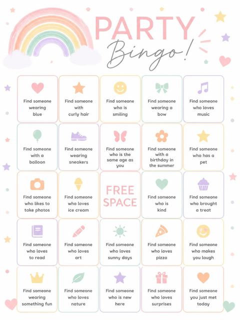 Bingo grid in the Pastel Hand-Painted Rainbow 2nd Birthday design