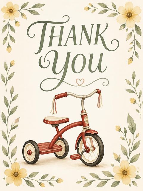 Thank-you flat in the Vintage Tricycle Floral First Birthday design