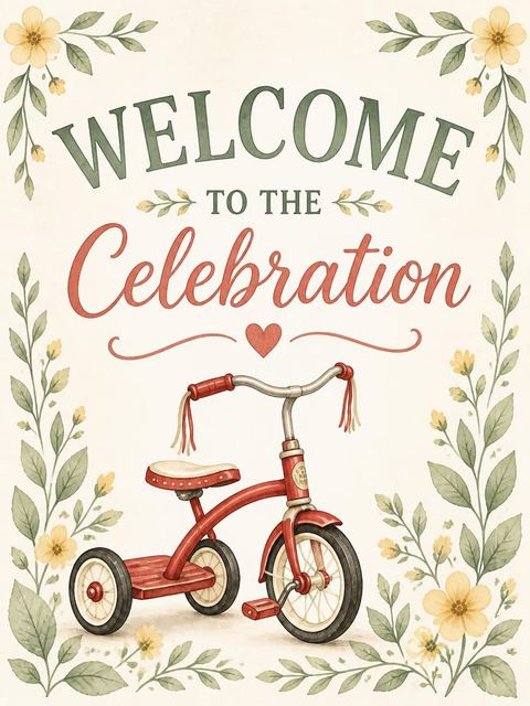 Welcome sign in the Vintage Tricycle Floral First Birthday design