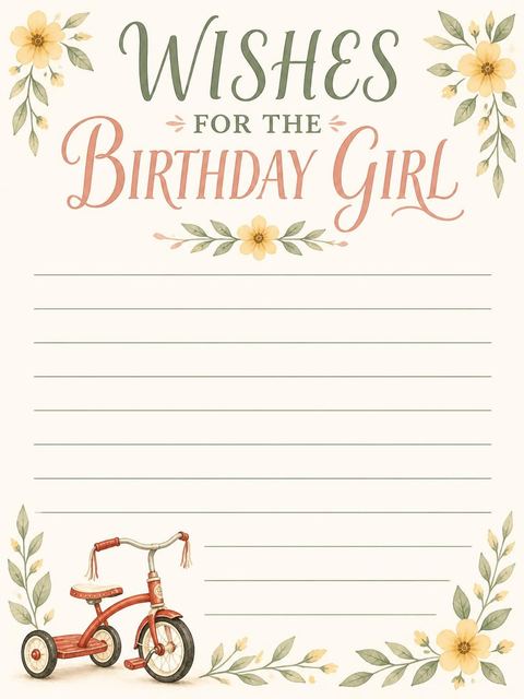 Wishes page in the Vintage Tricycle Floral First Birthday design