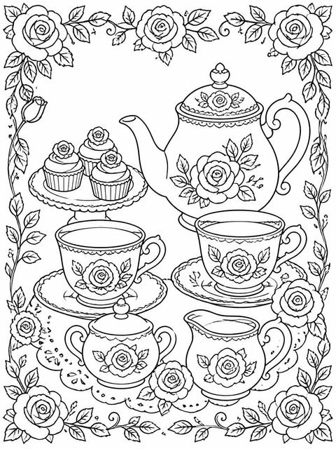 Coloring sheet in the Watercolor Rose Tea Party 4th Birthday design