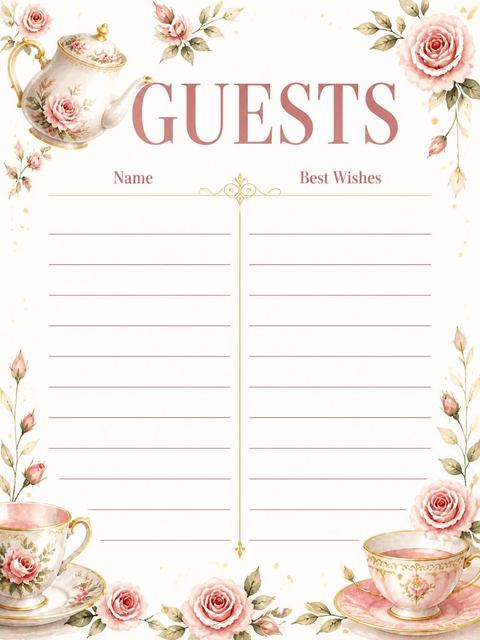 Guest sign-in sheet in the Watercolor Rose Tea Party 4th Birthday design