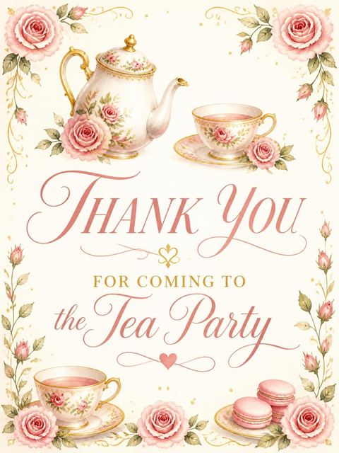 Thank-you flat in the Watercolor Rose Tea Party 4th Birthday design