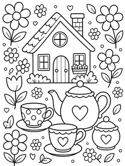Coloring sheet in the Crayon Drawing Cottage Tea Party 7th Birthday design