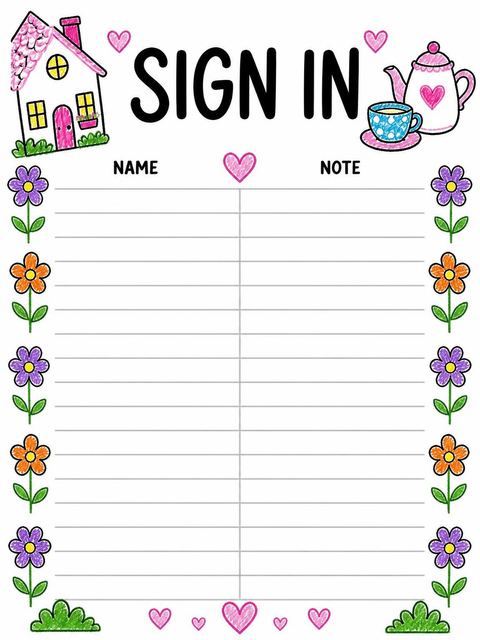 Guest sign-in sheet in the Crayon Drawing Cottage Tea Party 7th Birthday design