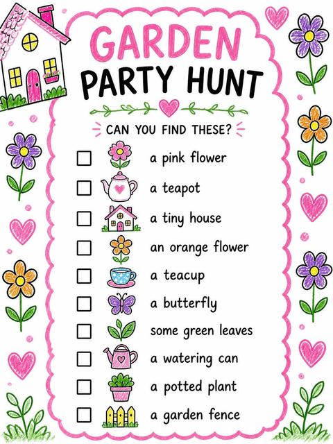 Scavenger hunt in the Crayon Drawing Cottage Tea Party 7th Birthday design