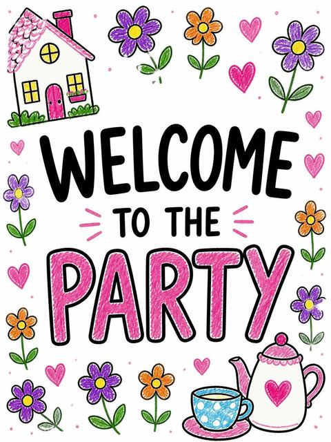 Welcome sign in the Crayon Drawing Cottage Tea Party 7th Birthday design