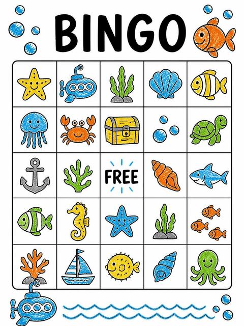Bingo grid in the Crayon Submarine Underwater 2nd Birthday design