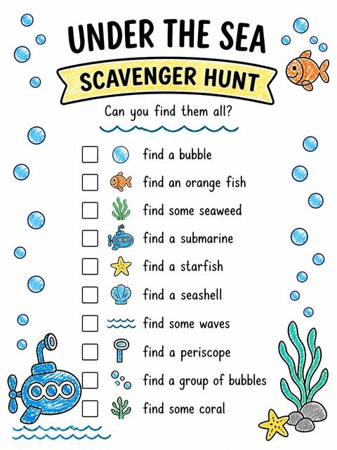 Scavenger hunt in the Crayon Submarine Underwater 2nd Birthday design